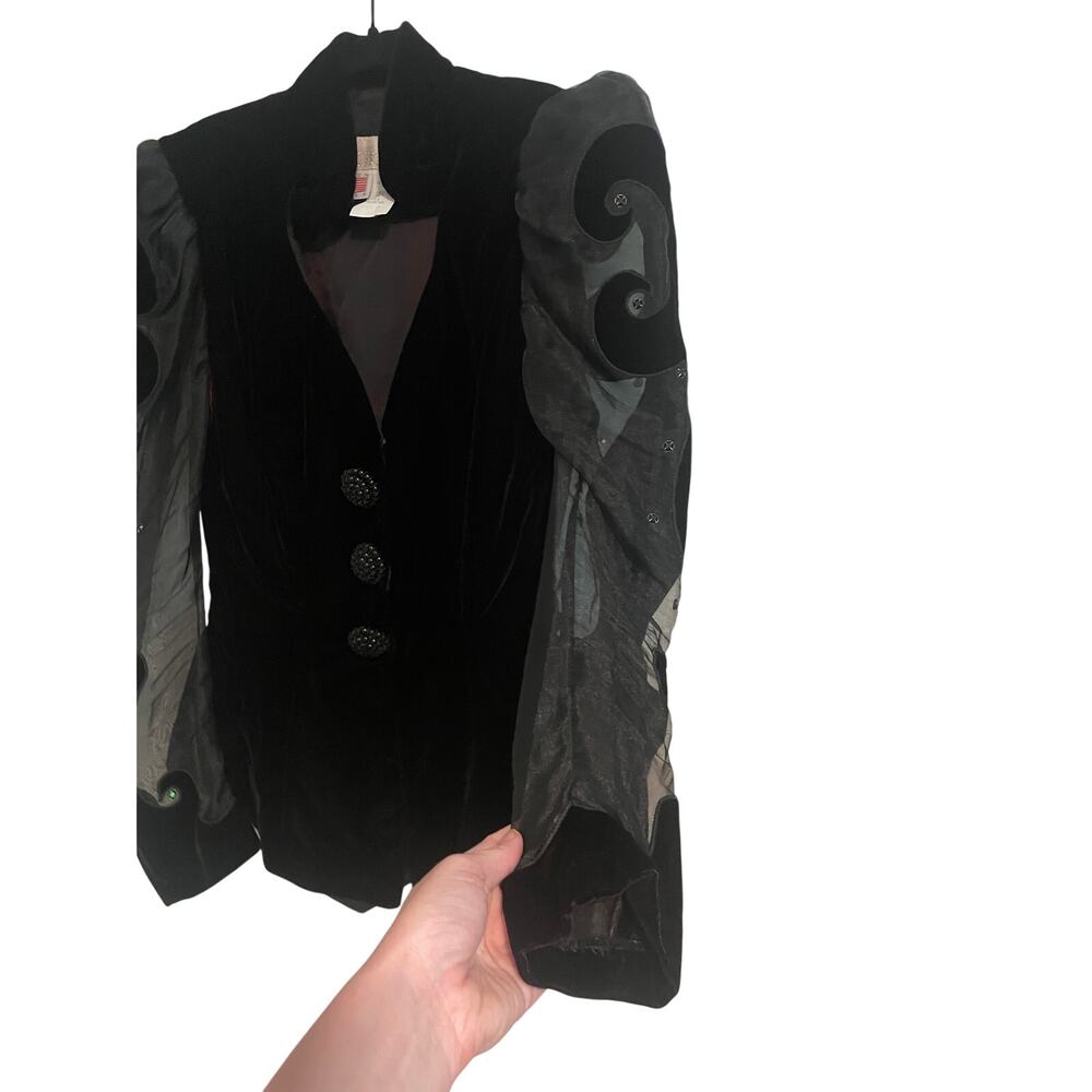 CACHÉ Karen Okada Velvet Jacket Sheer Puff Sleeve Avant Garde Goth Sz 10 Vintage - Picture 6 of 8